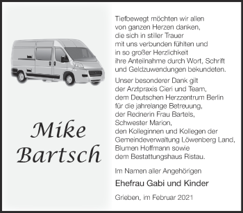 Traueranzeige von Mike Bartsch von Märkische Oderzeitung