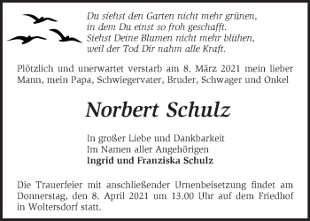 Traueranzeige von Norbert Schulz von Märkische Oderzeitung