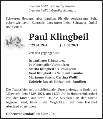 Traueranzeige von Paul Klingbeil von Märkische Oderzeitung