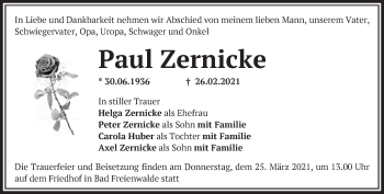 Traueranzeige von Paul Zernicke von Märkische Oderzeitung