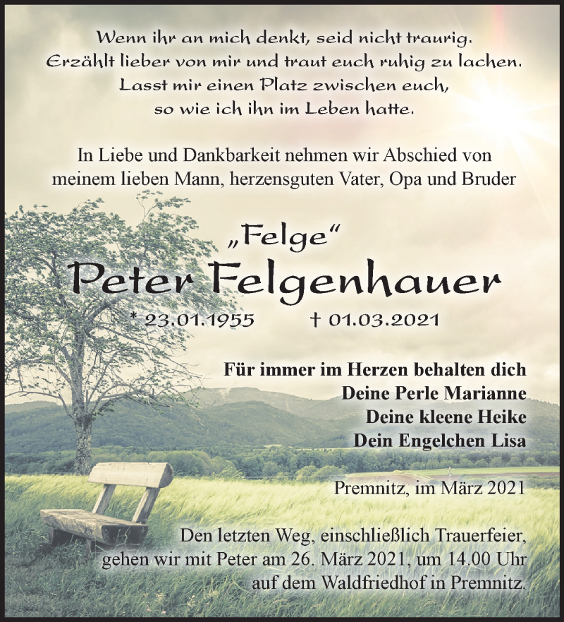  Traueranzeige für Peter Felgenhauer vom 14.03.2021 aus Märkische Oderzeitung