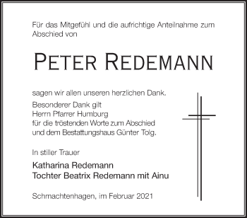 Traueranzeige von Peter Redemann von Märkische Oderzeitung