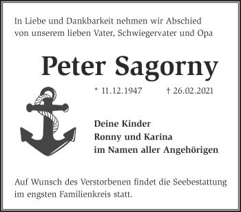 Traueranzeige von Peter Sagorny von Märkische Oderzeitung