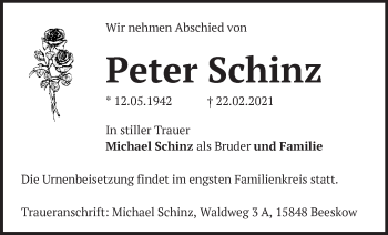 Traueranzeige von Peter Schinz von Märkische Oderzeitung