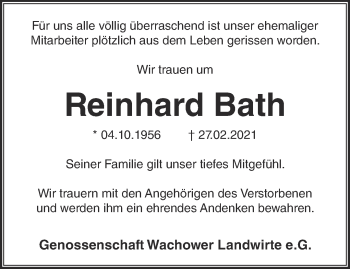 Traueranzeige von Reinhard Bath von Märkische Oderzeitung
