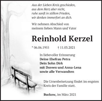 Traueranzeige von Reinhold Kerzel von Märkische Oderzeitung