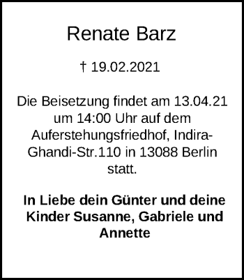 Traueranzeige von Renate Barz von Märkische Oderzeitung