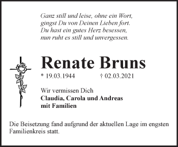 Traueranzeige von Renate Bruns von Märkische Oderzeitung