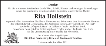 Traueranzeige von Rita Hollstein von Märkische Oderzeitung