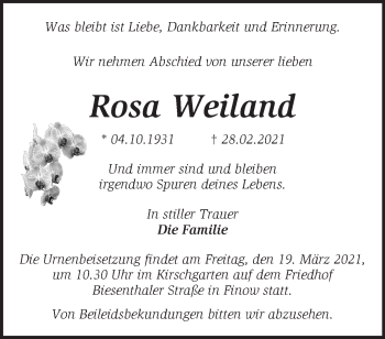 Traueranzeige von Rosa Weiland von Märkische Oderzeitung