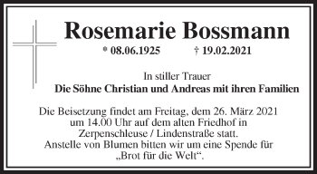 Traueranzeige von Rosemarie Bossmann von Märkische Oderzeitung