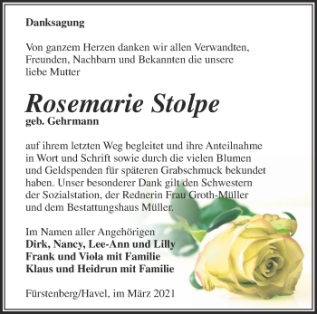 Traueranzeige von Rosemarie Stolpe von Märkische Oderzeitung