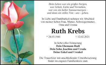 Traueranzeige von Ruth Krebs von Märkische Oderzeitung