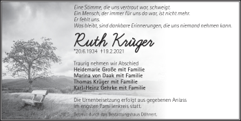 Traueranzeige von Ruth Krüger von Märkische Oderzeitung