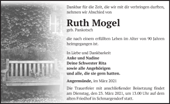 Traueranzeige von Ruth Mogel von Märkische Oderzeitung