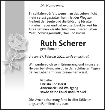 Traueranzeige von Ruth Scherer von Märkische Oderzeitung