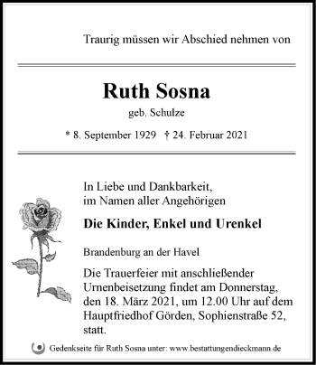 Traueranzeige von Ruth Sosna von Märkische Oderzeitung