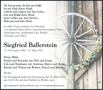 Traueranzeige von Siegfried Ballerstein von Märkische Oderzeitung