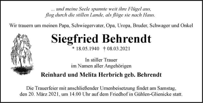  Traueranzeige für Siegfried Behrendt vom 16.03.2021 aus Märkische Oderzeitung