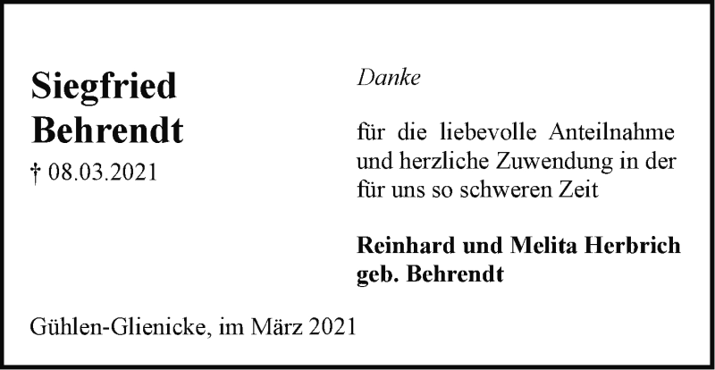  Traueranzeige für Siegfried Behrendt vom 27.03.2021 aus Märkische Oderzeitung