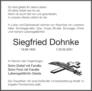 Traueranzeige von Siegfried Dohnke von Märkische Oderzeitung