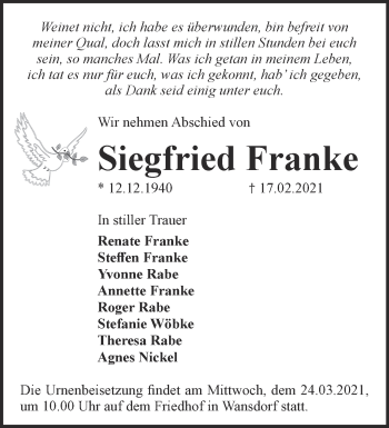 Traueranzeige von Siegfried Franke von Märkische Oderzeitung