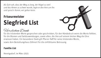Traueranzeige von Siegfried List von Märkische Oderzeitung