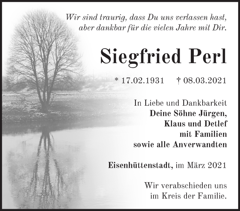  Traueranzeige für Siegfried Perl vom 21.03.2021 aus Märkische Oderzeitung