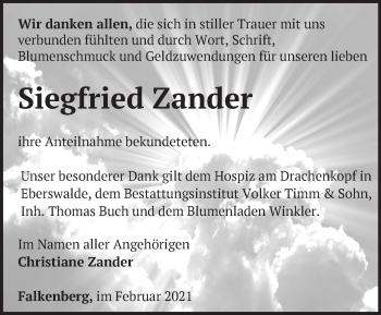 Traueranzeige von Siegfried Zander von Märkische Oderzeitung