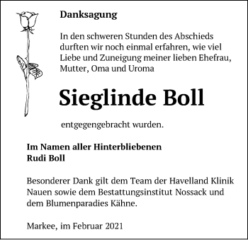 Traueranzeige von Sieglinde Boll von Märkische Oderzeitung