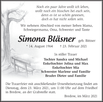 Traueranzeige von Simona Bläsner von Märkische Oderzeitung