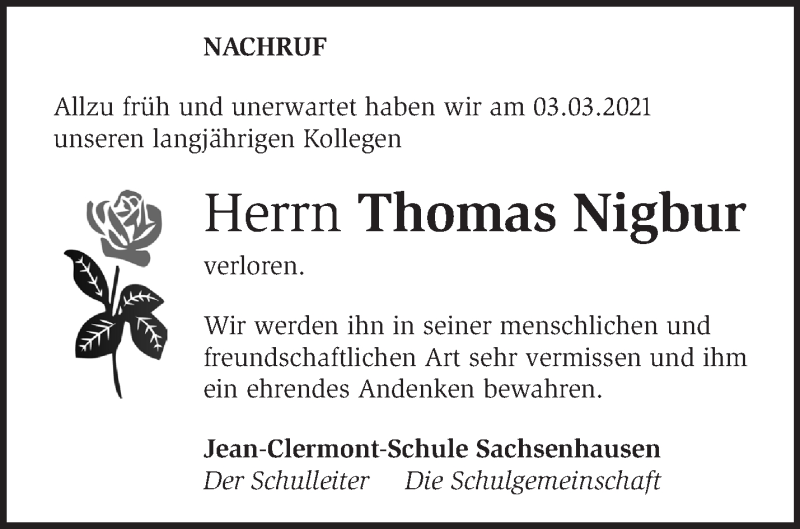  Traueranzeige für Thomas Nigbur vom 13.03.2021 aus Märkische Oderzeitung