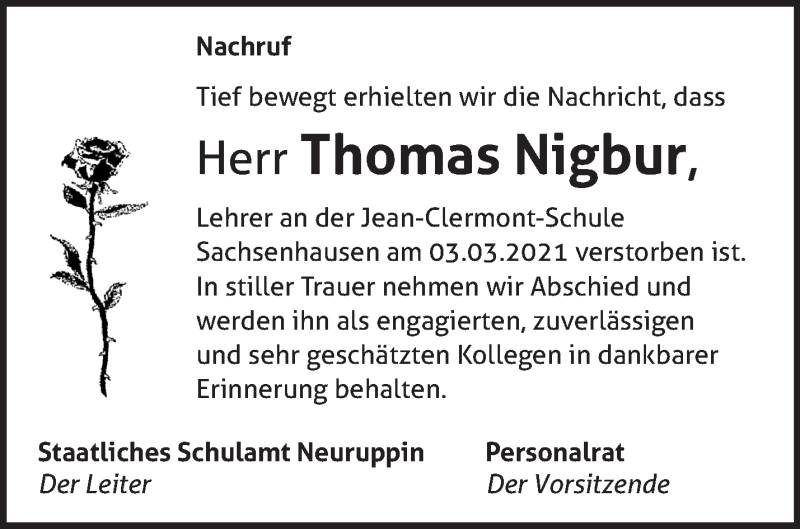  Traueranzeige für Thomas Nigbur vom 13.03.2021 aus Märkische Oderzeitung