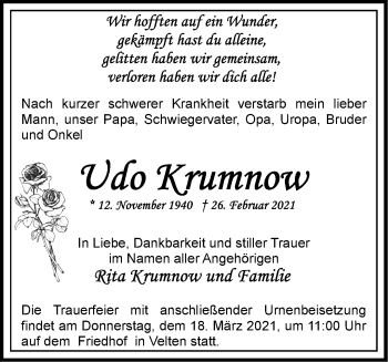 Traueranzeige von Udo Krumnow von Märkische Oderzeitung