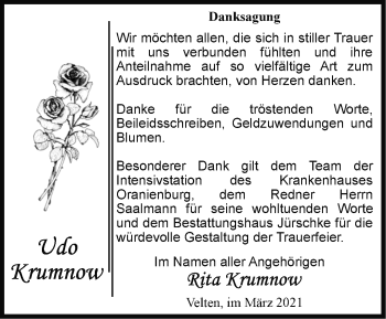 Traueranzeige von Udo Krumnow von Märkische Oderzeitung