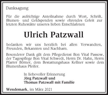 Traueranzeige von Ulrich Patzwall von Märkische Oderzeitung