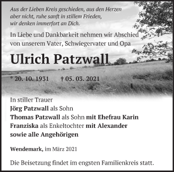 Traueranzeige von Ulrich Patzwall von Märkische Oderzeitung