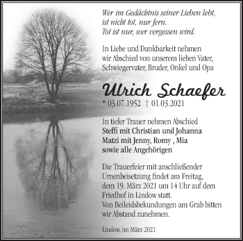 Traueranzeige von Ulrich Schaefer von Märkische Oderzeitung