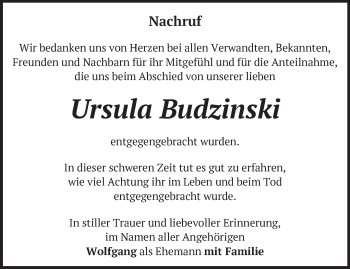 Traueranzeige von Ursula Budzinski von Märkische Oderzeitung