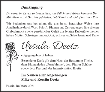 Traueranzeige von Ursula Deetz von Märkische Oderzeitung