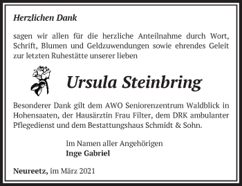 Traueranzeige von Ursula Steinbring von Märkische Oderzeitung