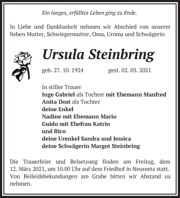 Traueranzeige von Ursula Steinbring von Märkische Oderzeitung