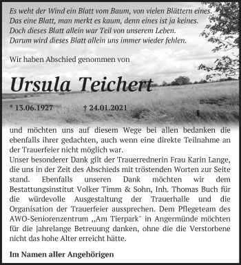 Traueranzeige von Ursula Teichert von Märkische Oderzeitung