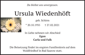 Traueranzeige von Ursula Wiedenhöft von Märkische Oderzeitung