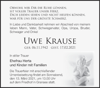 Traueranzeige von Uwe Krause von Märkische Oderzeitung