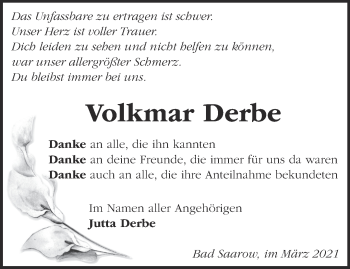 Traueranzeige von Volkmar Derbe von Märkische Oderzeitung