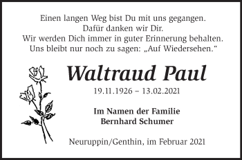 Traueranzeige von Waltraud Paul von Märkische Oderzeitung