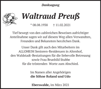 Traueranzeige von Waltraud Preuß von Märkische Oderzeitung