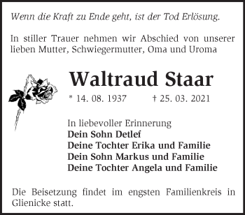 Traueranzeige von Waltraud Staar von Märkische Oderzeitung