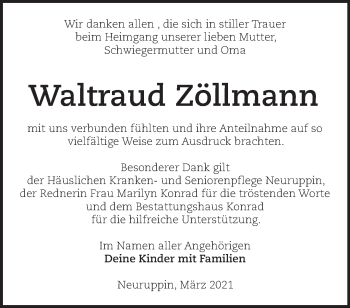 Traueranzeige von Waltraud Zöllmann von Märkische Oderzeitung
